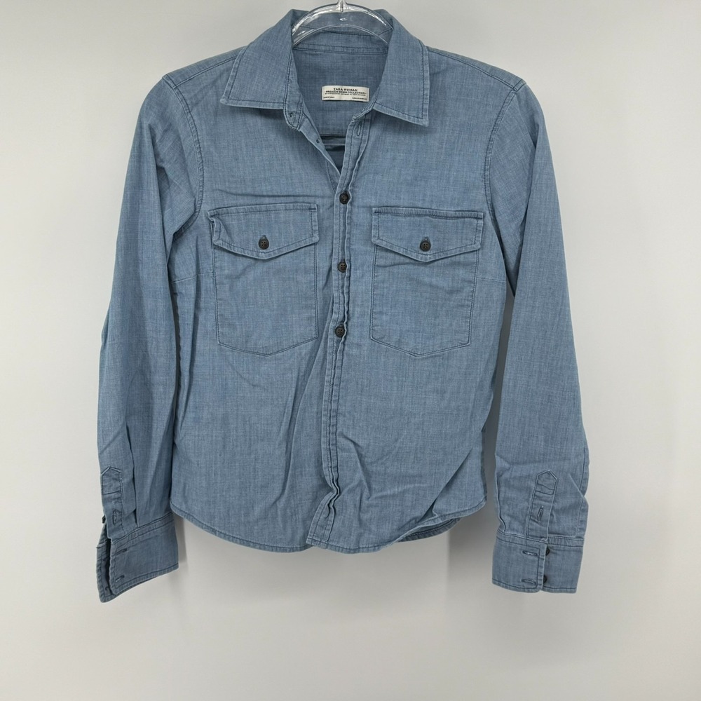 Zara Chambray Button-Front Shirt in Light Blue